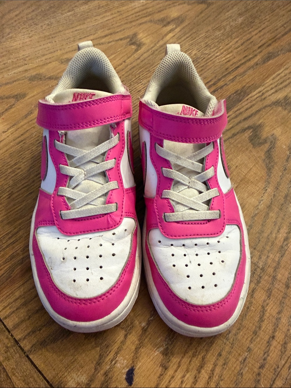 Nike Kids Pink and White Velcro Lace-Up Sneakers- court borough hot pink